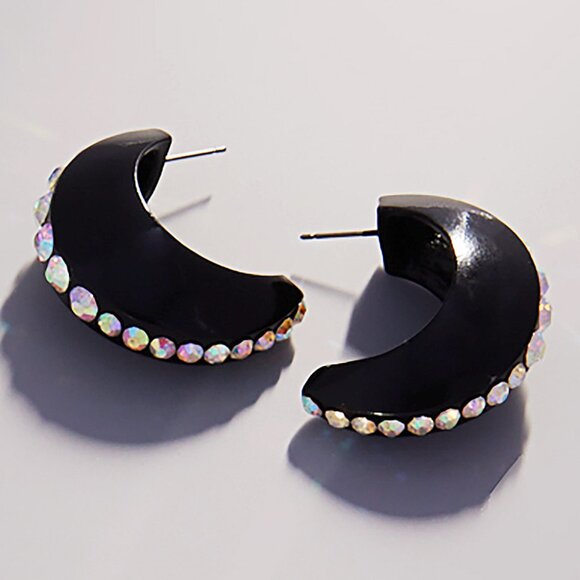 NEW Center Rhinestone Accented Chunky Crescent Half Hoop Glamcore Bling Earrings - Picture 3 of 6